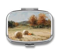 Pilulier portable à 2 compartiments pour sac à main de poche Motif champs de foin d'automne Arbre citrouilles