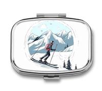 Pilulier portable à 2 compartiments - Thème du ski - Pilulier de voyage pour poche - Médecine quotidienne - Boîte à vitamines - Boîte à huile de poisson