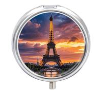 Pilulier portable à 3 compartiments - Belle tour Eiffel Paris - Organisateur de médicaments rond en métal - Petit étui hebdomadaire avec miroir - Porte-vitamines élégant pour sac à main, poche de
