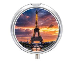 Pilulier portable à 3 compartiments - Belle tour Eiffel Paris - Organisateur de médicaments rond en métal - Petit étui hebdomadaire avec miroir - Porte-vitamines élégant pour sac à main, poche de