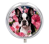 Pilulier portable à 3 compartiments - Bouledogue français dans le jardin de fleurs - Organisateur de médicaments rond en métal - Petit étui hebdomadaire avec miroir - Porte-vitamines élégant pour sac