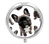 Pilulier portable à 3 compartiments - Bouledogue français rond en métal - Petit étui à médicaments hebdomadaire avec miroir - Élégant support de vitamines pour sac à main, poche, voyage