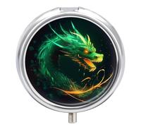 Pilulier portable à 3 compartiments - Dragon vert - Organisateur de médicaments rond en métal - Petit étui hebdomadaire avec miroir - Porte-vitamines élégant pour sac à main, poche de voyage