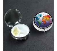 Pilulier portable à 3 compartiments en métal - Joli pilulier de voyage coloré - Carte du monde - Organisateur de vitamines pour sac à main, poche, cadeau de voyage