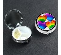 Pilulier portable à 3 compartiments en métal - Joli pilulier de voyage - Couleur arc-en-ciel - Cœurs Gay Pride - Organisateur de vitamines pour sac à main, poche, cadeau de voyage