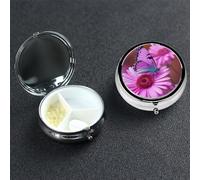 Pilulier portable à 3 compartiments en métal - Joli pilulier de voyage - Fleur rose et papillon violet - Organiseur de vitamines pour sac à main, poche, cadeau de voyage