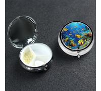 Pilulier portable à 3 compartiments en métal - Joli pilulier de voyage - Le monde sous-marin - Poissons tropicaux - Organisateur de vitamines pour sac à main, poche, cadeau de voyage