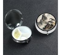 Pilulier portable à 3 compartiments en métal - Joli pilulier de voyage - Paysage chinois - Peinture de vitamines - Pour sac à main, poche, cadeau de voyage