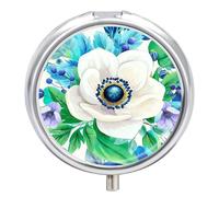 Pilulier portable à 3 compartiments - Feuilles d'eucalyptus - Organiseur de médicaments rond en métal - Petit étui hebdomadaire avec miroir - Porte-vitamines élégant pour sac à main, poche de voyage