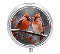 Pilulier portable à 3 compartiments - Motif oiseaux cardinaux - Organisateur de médicaments rond en métal - Petit étui hebdomadaire avec miroir - Porte-vitamines élégant pour sac à main, poche de
