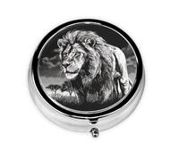 Pilulier portable à 3 compartiments - Organisateur de médicaments quotidien rond pour poche ou sac à main, illustration de lion noir et blanc, idéal pour les doses du matin, du midi et du soir