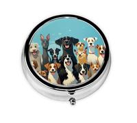 Pilulier portable à 3 compartiments - Organisateur de médicaments quotidien rond pour poche ou sac à main, un grand groupe de chiens sur fond bleu, idéal pour les doses du matin, du midi et du soir