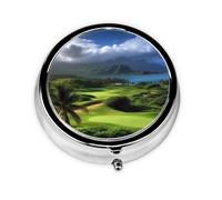 Pilulier portable à 3 compartiments - Organisateur de médicaments quotidien rond pour poche ou sac à main, paysage hawaïen, golf, tropical, idéal pour les doses du matin, du midi et du soir