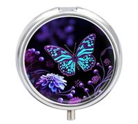 Pilulier portable à 3 compartiments - Papillon violet et fleurs - Organiseur de médicaments rond en métal avec miroir - Élégant support de vitamines pour sac à main, poche de voyage