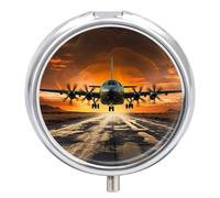 Pilulier portable à 3 compartiments pour avions militaires terrestres - Organiseur de médicaments rond en métal - Petit étui hebdomadaire avec miroir - Porte-vitamines élégant pour sac à main, poche