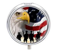 Pilulier portable à 3 compartiments - Soldats américains et aigles - Organisateur de médicaments rond en métal - Petit étui hebdomadaire avec miroir - Porte-vitamines élégant pour sac à main, poche de
