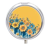 Pilulier portable à motif floral jaune et bleu avec 3 compartiments et petit miroir de voyage pour poche ou sac à main, organisateur de médicaments rond, organisateur de vitamines décoratif