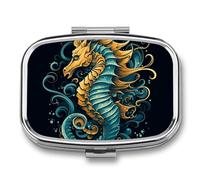 Pilulier portable à motif hippocampe bleu à 2 compartiments, organiseur de pilules quotidien carré pour poche, sac à main, récipient à médicaments quotidien pour contenir des vitamines, de l'huile de