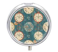 Pilulier portable à motif horloge rétro avec 3 compartiments et petit miroir pour poche ou sac à main, organiseur de médicaments rond, organisateur de vitamines décoratif