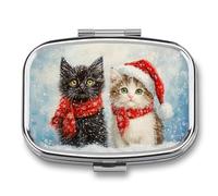 Pilulier portable avec 2 compartiments en forme de chats adorables dans un hiver enneigé