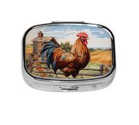 Pilulier portable avec coq sur bois dans une terre agricole, organiseur pour sac à main, poche, cadeaux de voyage