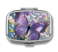 Pilulier portable beau papillon violet - Pilulier de voyage pour poche ou sac à main - Pilulier de médicaments avec miroir - 2 compartiments - Organiseur quotidien pour médicaments