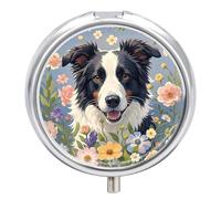 Pilulier portable Border Collie Florals - Pilulier de voyage pour poche ou sac à main - Pilulier de médicaments avec miroir - 3 compartiments - Organiseur quotidien pour médicaments