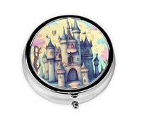 Pilulier portable, château de conte de fées, mini boîte à pilules ronde, peut être mise dans un portefeuille, une poche, légère et pratique à 3 compartiments