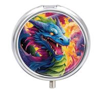 Pilulier portable coloré de dragons avec 3 compartiments et petit miroir pour poche ou sac à main, organisateur de médicaments rond, organisateur de vitamines décoratif