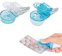Pilulier portable, distributeur de pilules portable, boîte de rangement, distributeur de médicaments, sans contact, outil facile à emporter (blanc + bleu)