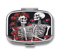 Pilulier portable en forme de rose et de squelette - Organiseur de médicaments compact - Petite boîte à médicaments en métal pour sac à main - 2 compartiments