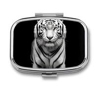 Pilulier portable en forme de tigre noir et blanc - Pilulier de voyage pour poche ou sac à main - Pilulier avec miroir - 2 compartiments - Organiseur quotidien pour médicaments