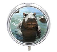 Pilulier portable en métal avec imprimé hippopotame mignon avec 3 compartiments