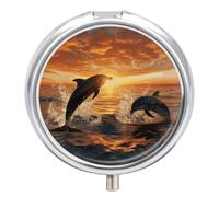 Pilulier portable en métal avec motif dauphins sautant hors de l'eau au coucher du soleil avec 3 compartiments