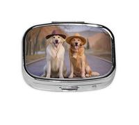 Pilulier portable Golden Retriever Chiots 2 compartiments - Joli pilulier de voyage quotidien - Petit organiseur de médicaments de voyage carré pour sac à main et poche