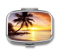 Pilulier portable lever de soleil tropical palmier île organisateur de pilules de voyage pour poche ou sac à main pilulier de médicaments conteneur avec miroir 2 compartiments organisateur quotidien
