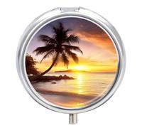 Pilulier portable lever de soleil tropical palmier île pilulier de voyage pour poche ou sac à main pilulier de médicaments avec miroir 3 compartiments Organiseur quotidien pour médicaments