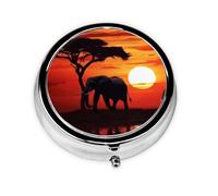 Pilulier portable mignon éléphant coucher de soleil - Pilulier rond à 3 compartiments pour voyage, petite boîte à pilules pour sac à main et poche