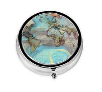 Pilulier portable, mini boîte à pilules ronde avec carte du monde de dessin animé, peut être mise dans un portefeuille, une poche, légère et pratique à 3 compartiments