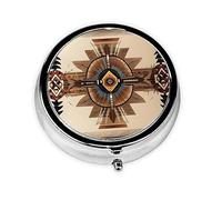 Pilulier portable, peinture amérindienne, mini boîte à pilules ronde, peut être mise dans un portefeuille, une poche, légère et pratique à 3 compartiments