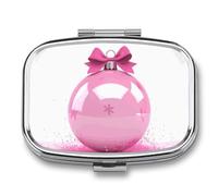 Pilulier portable pour boules de Noël rose à 2 compartiments, avec miroir pour poche, sac à main, voyage, mini organisateur de médicaments en métal pour vitamines, huile de poisson