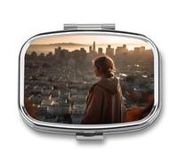 Pilulier portable surplombant la ville - Pilulier de voyage pour poche ou sac à main - Pilulier avec miroir - 2 compartiments - Organiseur quotidien pour médicaments