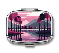 Pilulier portable Trees by The Lake - Pilulier de voyage pour poche ou sac à main - Pilulier avec miroir - 2 compartiments - Organiseur quotidien pour médicaments