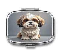 Pilulier pour chien Shih Tzu, étui de voyage carré portable à 2 compartiments avec rangement pour vitamines et huile de poisson, idéal pour le bureau et la maison.