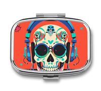 Pilulier punk rock avec 2 compartiments pour écouteurs Motif tête de mort Organiseur portable pour poche ou sac à main Organiseur de médicaments en métal et vitamines