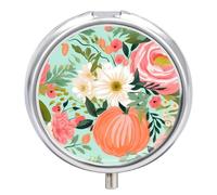Pilulier quotidien à 3 compartiments, petit pilulier portable de voyage avec miroir, mini pilulier pour poche de sac à main, citrouilles et fleurs de rose, organiseur de médicaments en métal - Vert et