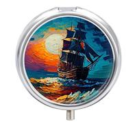 Pilulier quotidien à 3 compartiments, petite boîte à pilules de voyage portable avec miroir, mini pilulier pour poche de sac à main, organiseur de médicaments en métal - Bateau nautique vue de nuit