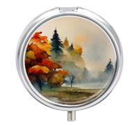 Pilulier quotidien à 3 compartiments, petite boîte à pilules de voyage portable avec miroir, mini pilulier pour poche de sac à main, organiseur de médicaments en métal - Peinture abstraite de forêt
