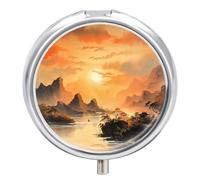 Pilulier quotidien à 3 compartiments, petite boîte à pilules de voyage portable, pilulier pour poche de sac à main, organiseur de médicaments en métal - Montagne chinoise antique et pavillon peinture