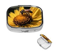 Pilulier rétro à 2 compartiments avec miroir - Fleur jaune et abeille noire - Petit pilulier décoratif en métal pour sac à main ou poche - Organisateur de médicaments et de vitamines - Cadeau unique